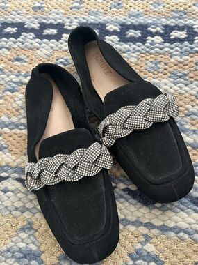 SCHUTZ Black Suede Loafers with Silver Crystal Braided Chain